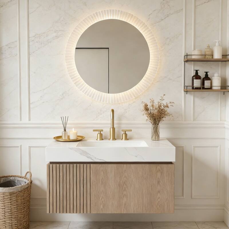 Floating Storage Bathroom Vanity with 3 Pre-drilled Faucet Holes - 36 - Light Brown