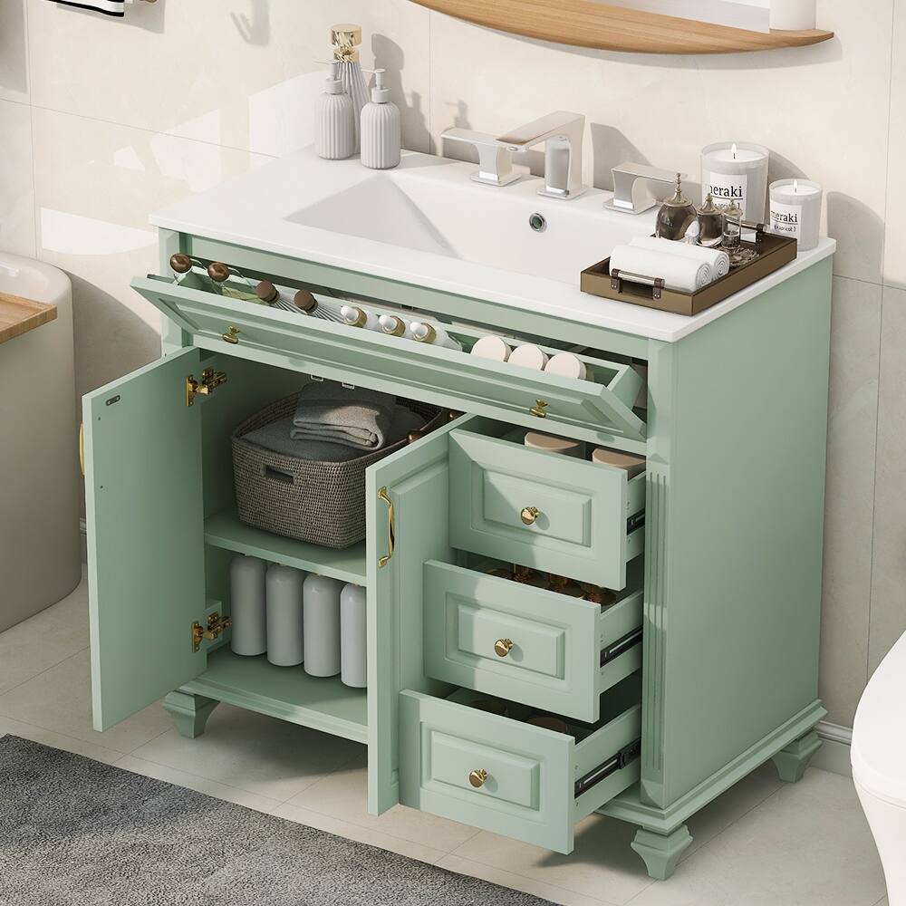 36" Bathroom Vanity with Sink, Green Solid Wood Bathroom Cabinet,3Drawer&2Doors,Design with GoldenMetalHandles,ModernMDF
