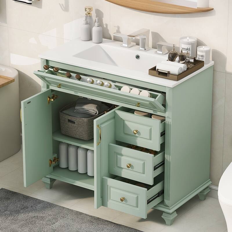 36" Bathroom Vanity with Sink - Solid Wood Cabinet with Flip Drawer, 3 Drawers & 2 Doors, Gold Handles, Modern Vanity - Green
