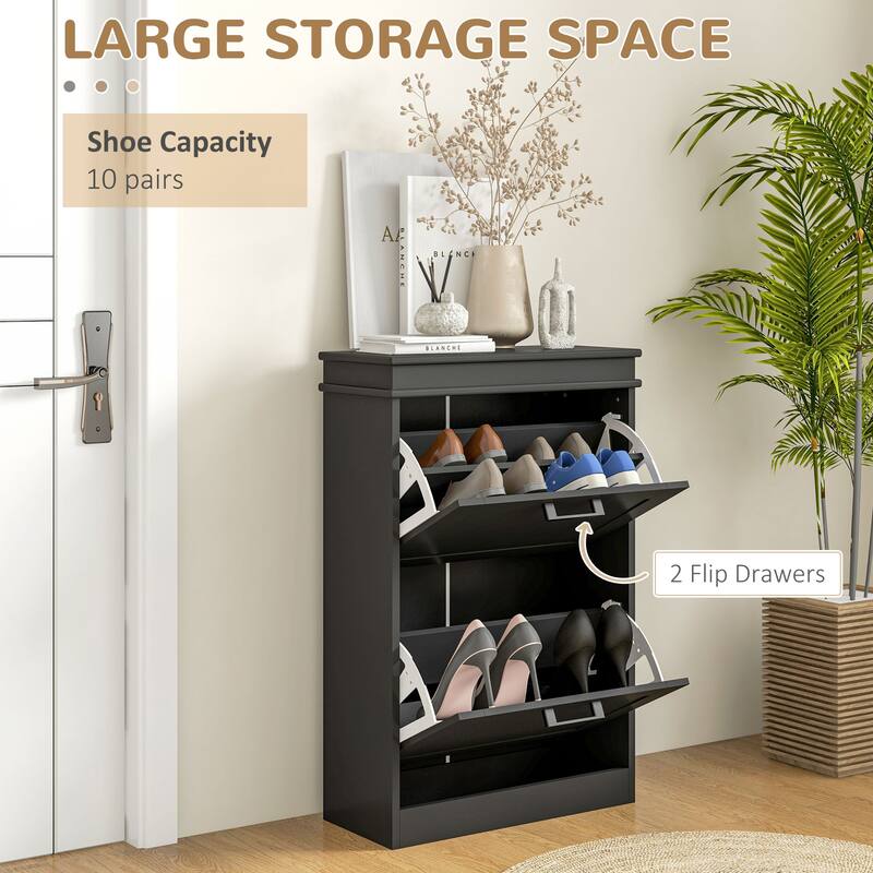 HOMCOM Shoe Cabinet for Entryway, Narrow Shoe Rack Storage Organizer with 2 Flip Drawers and Adjustable Shelves