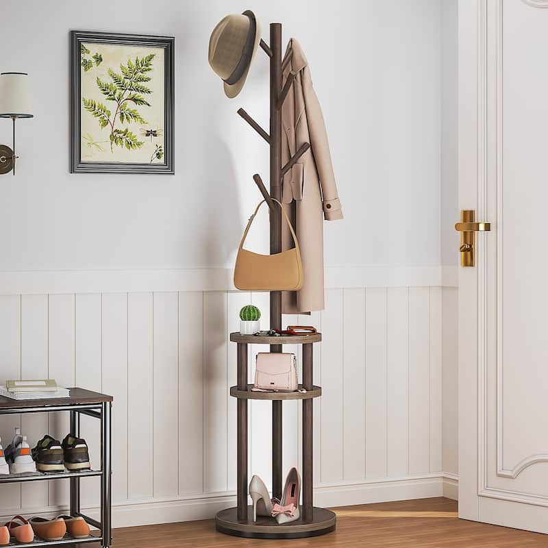 VECELO Modern Freestanding Coat Rack with 6 Branch Hooks Double Shelves, and Shoe Storage for Entryway Living Room Bedroom