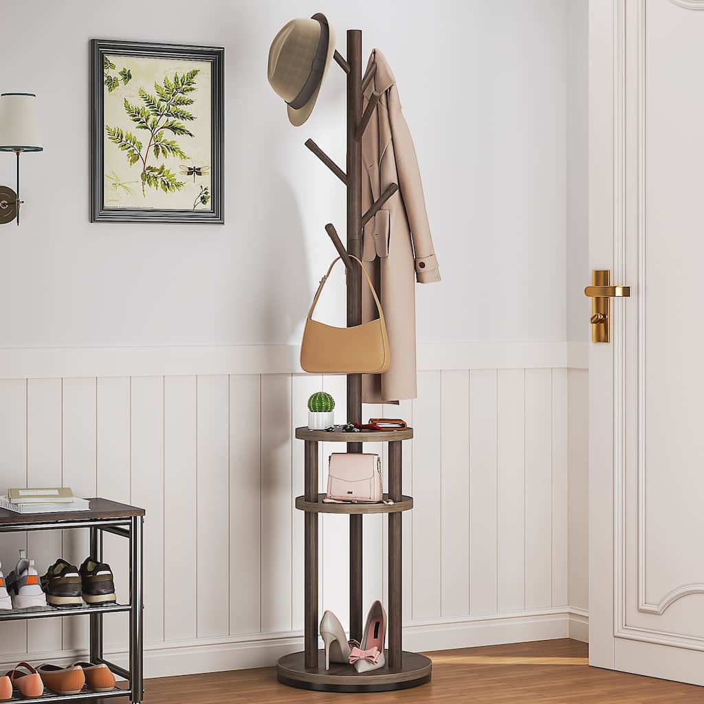VECELO Modern Freestanding Coat Rack with 6 Branch Hooks Double Shelves, and Shoe Storage for Entryway Living Room Bedroom