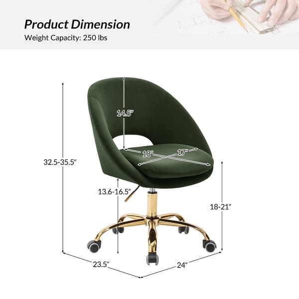 dimension image slide 11 of 18, HULALA HOME Ramona Modern Velvet Height Adjustable 360 Swivel Task Chair with Metal Base