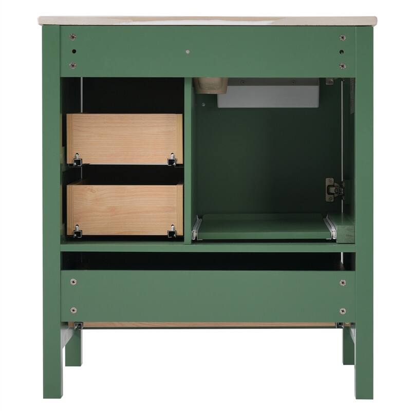 30" Bathroom Vanity with Ceramic Sink Top, Modern Bathroom Storage Cabinet with Soft Close Door, 3 Drawers and Removable Tray