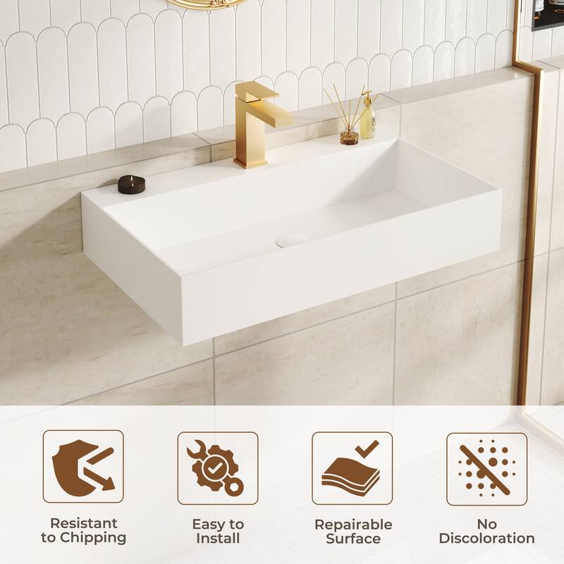 Solid Surface Wall-Mounted Rectangular Bathroom Sink with Pop-Up Drain, Modern Floating Wash Basin with Center Drain