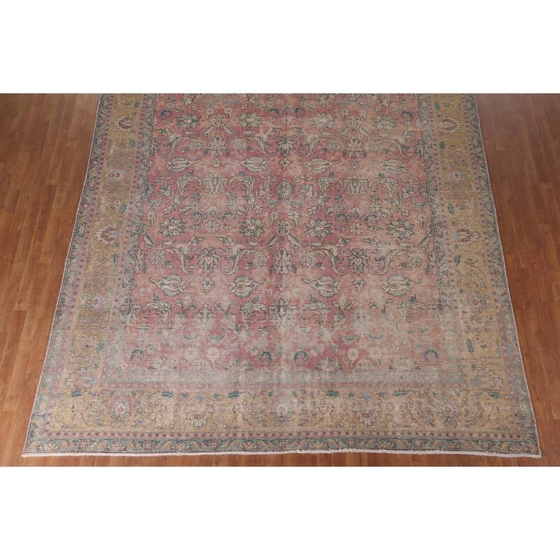 Hand Knotted Oriental 100% Wool Carpet Traditional All-Over Pink Tabriz Area Rug - 12' 8'' X 9' 7''