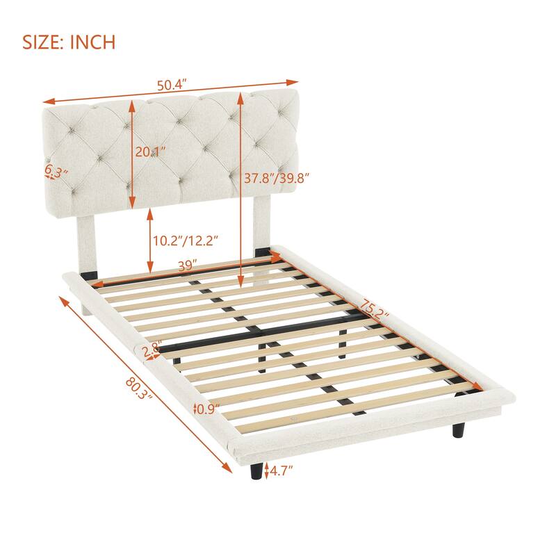 Roomfitters Twin Size Upholstered Bed with Light Stripe, Floating Platform Bed, Linen Fabric