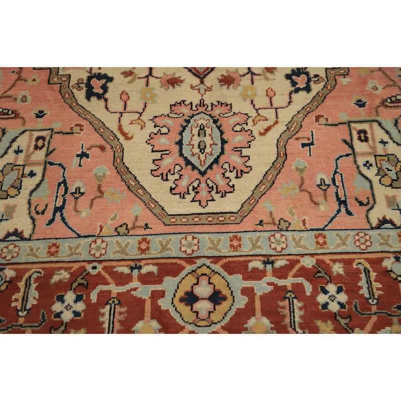 Hand Knotted Oriental 100% Wool Carpet Traditional Medallion Beige & Ivories Heriz (serapi) Area Rug - 9' 3'' X 6' 3''