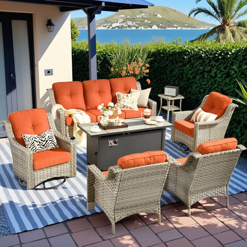 HOOOWOOO 7-piece Wicker Rattan Outdoor High Back Conversation Set with 54" Fire Pit - Red/Orange