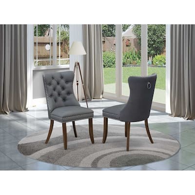 Parson Dining Chairs Set of 2 - Gray Faux Leather Padded Chairs with Nailhead Trim - Antique Walnut Legs