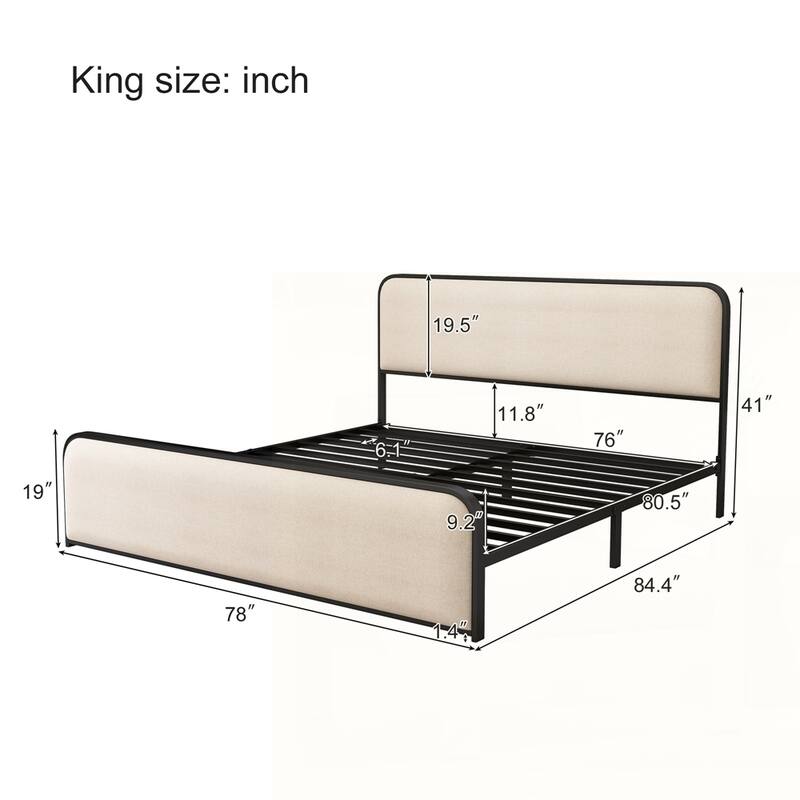 Metal Bed Frame with Curved Upholstered Headboard and Footboard