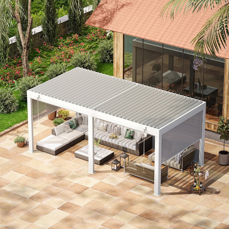 EROMMY Outdoor Louvered Pergola Gazebo with Adjustable Aluminum Rainproof Roof and Pull-Down Screen