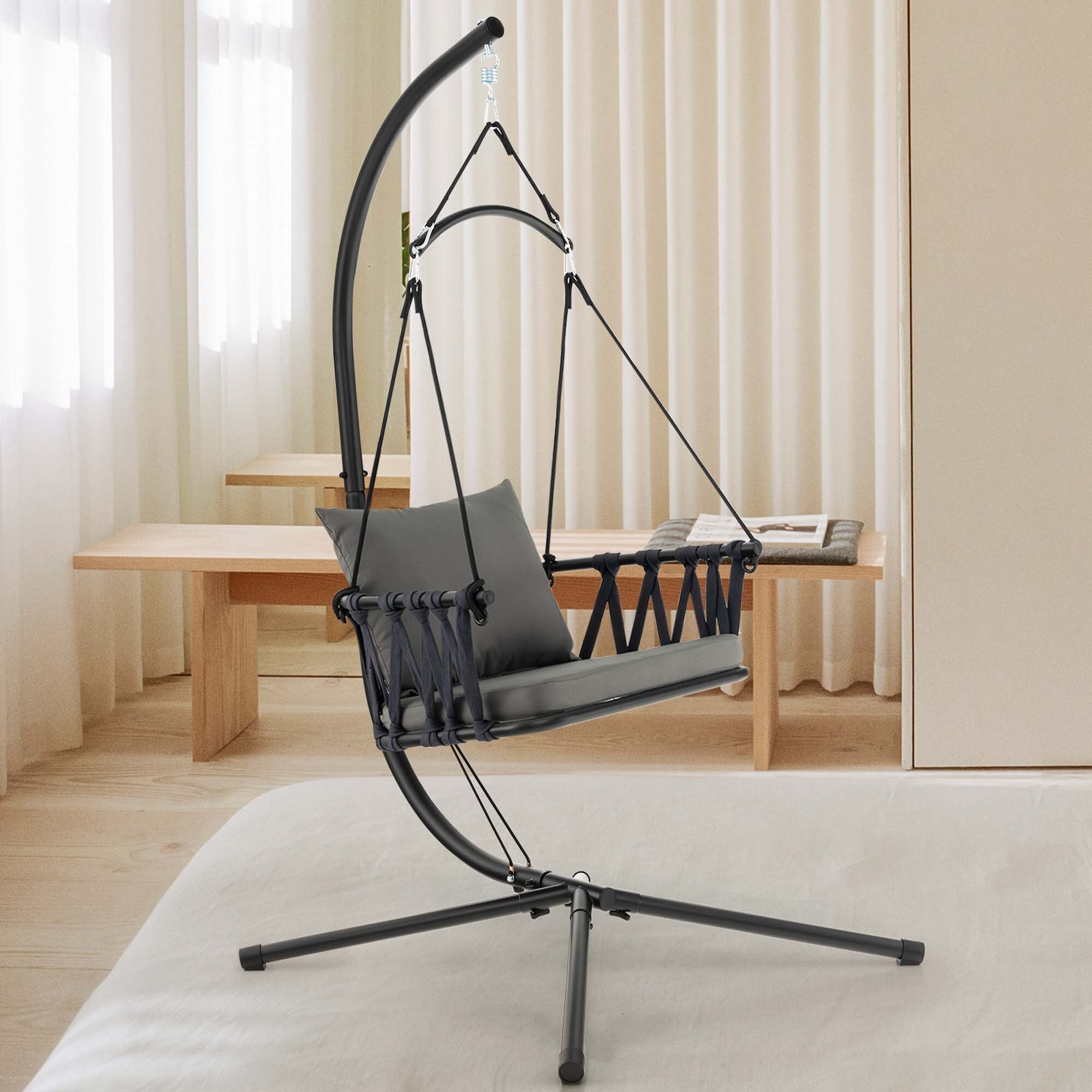 Hanging Swing Hammock Chair with Stand Metal Frame Woven Backrest