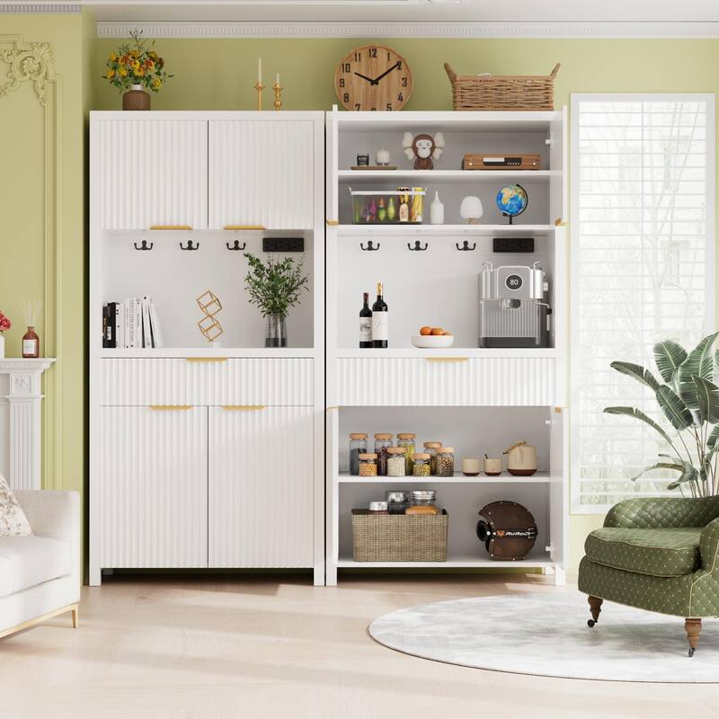 71"Pantry Storage Cabinet with Drawer, Charging Station and Open Countertop for Dining Living Room