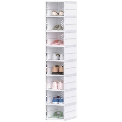 White PP ABS 8-Tier Foldable Shoe Organizer with Clear Doors - 10.2" W x 13.8" D x 55.1" H