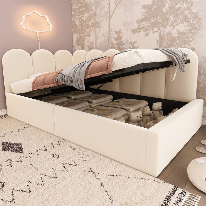Velvet Upholstered Daybed with Hydraulic Storage, Twin Size Sofa Bed, Metal Slatted Frame, Beige