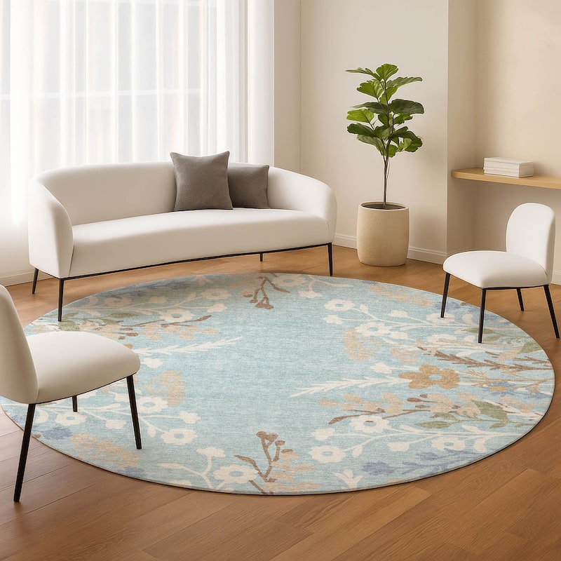 Machine Washable Indoor/ Outdoor Floral Border Chantille Rug