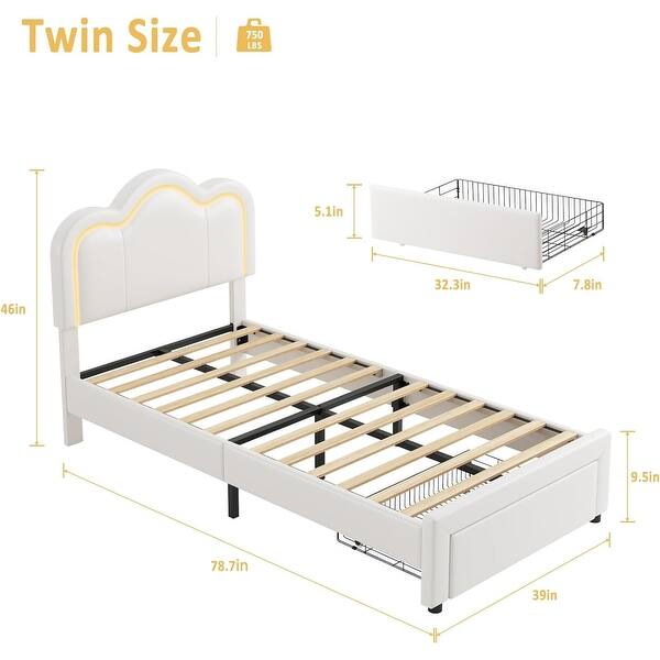 dimension image slide 0 of 2, Twin Upholstered Smart LED Bed Frame with Adjustable Hills Headboard, Storage Drawer (White with Drawer)