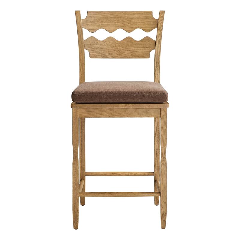 Jax Oak Wood Counter Stool With Wavy Razor Back and Cushion