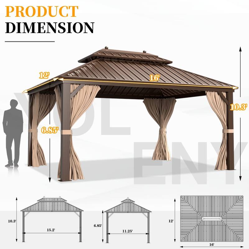 Erommy Pro Series Outdoor Galvanized Steel Roof Gazebo Pergola w/ Aluminum Frame & Vertical Rain Cutter