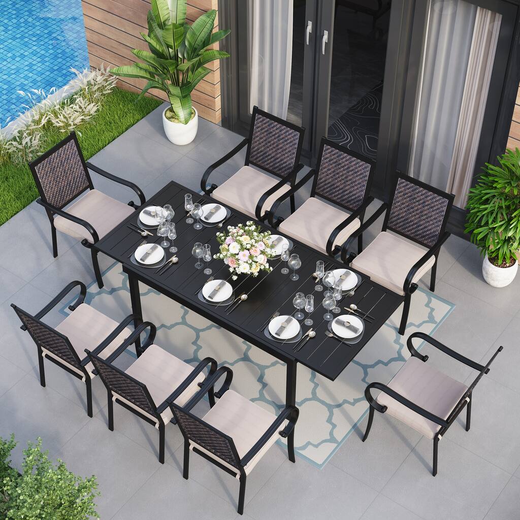 MAISON ARTS 7/9-piece Patio Dining Set, 6/8 Rattan Chairs with Cushions and 1 Expandable Metal Table