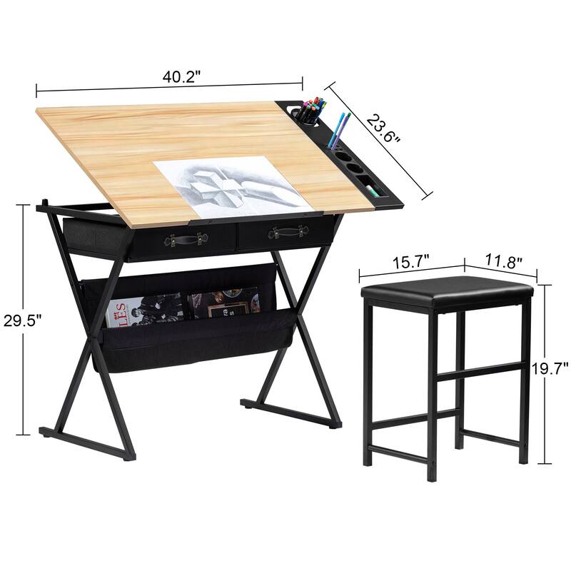 Javlergo Drafting Table Drawing Table Artist Desk Tilting Tabletop Art Craft Desk 2 Storage Drawers and Stool for Home Office