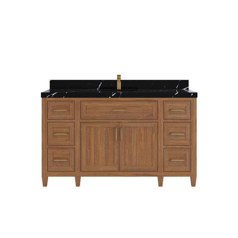Willow Collections 60 in. W x 22 in. D Santa Monica Teak Single Sink Bathroom Vanity with Countertop - 2”Calacatta Black - Dark Natural