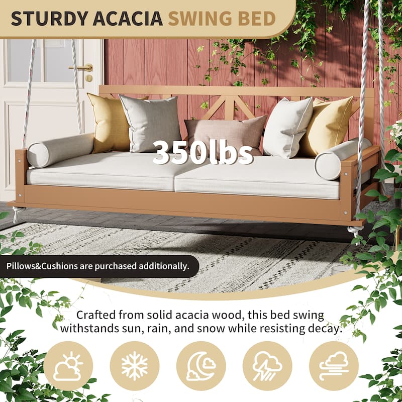 Acacia Wood Twin Size Patio Swing Bed Modern Porch Swing Hanging Bed Frame with 16.4ft Hemp Ropes for Garden,Backyard
