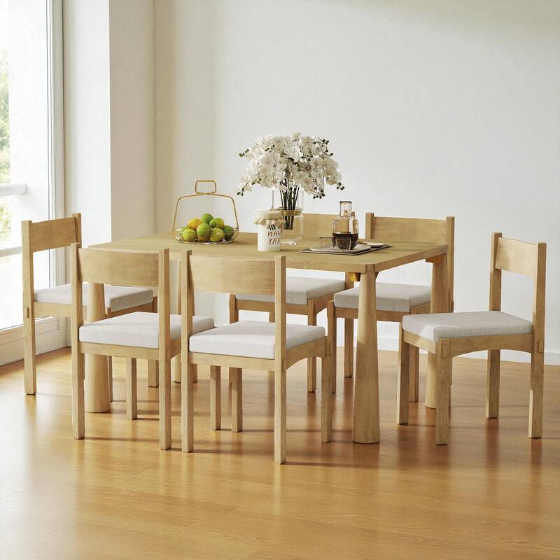 7-Piece Retro Farmhouse Dining Table Set, 59.8" Wood Table with 6 Upholstered Chairs for Dining Room or Kitchen