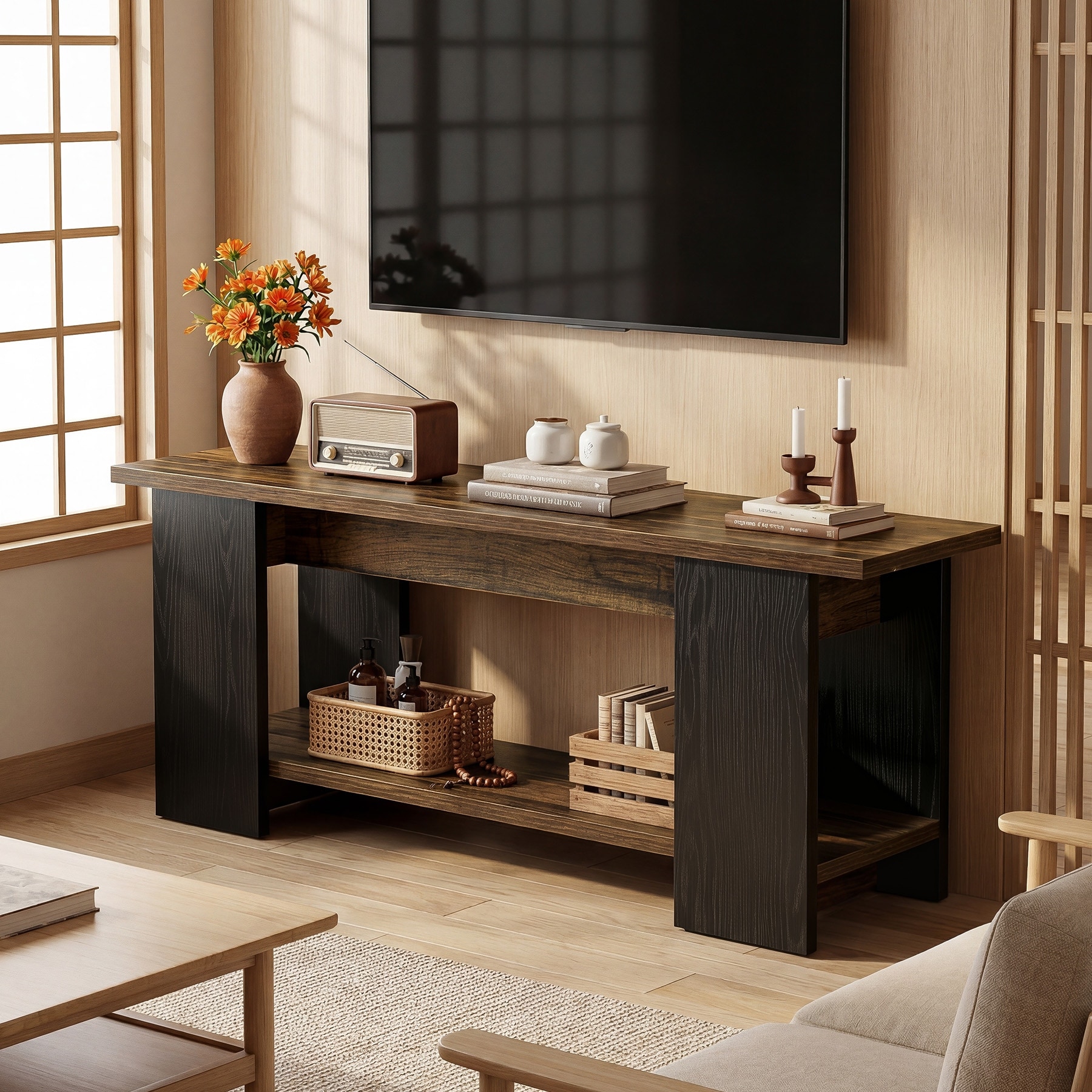 63" TV Stand for 55/60/65 TVs, Farmhouse Media Console with Shelves