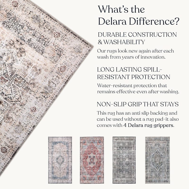 Delara Machine Washable Area Rug, Soft & Durable, Non-Slip Backing, Eco- Friendly GRS certified.