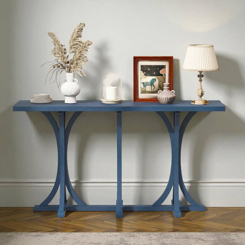 59.8'' Farmhouse Wooden Console Table with Oak Veneer Top, Curved Rubber Wood Legs, Entryway Sofa Table for Living Room