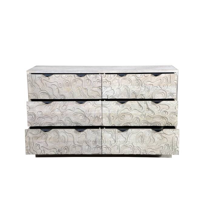HomeRoots 57" Gray Carved Geometric Solid Wood Six Drawer Dresser