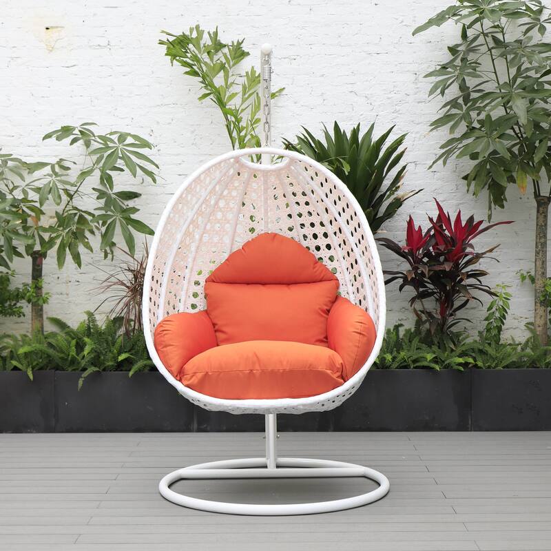 Patio Hanging Egg Swing Chair with White Wicker Shell and Iron Frame for Indoor Outdoor Patio Porch Garden Backyard