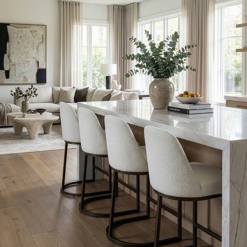 Set of 2 Ayane White Boucle Counter Stool with Iron Legs