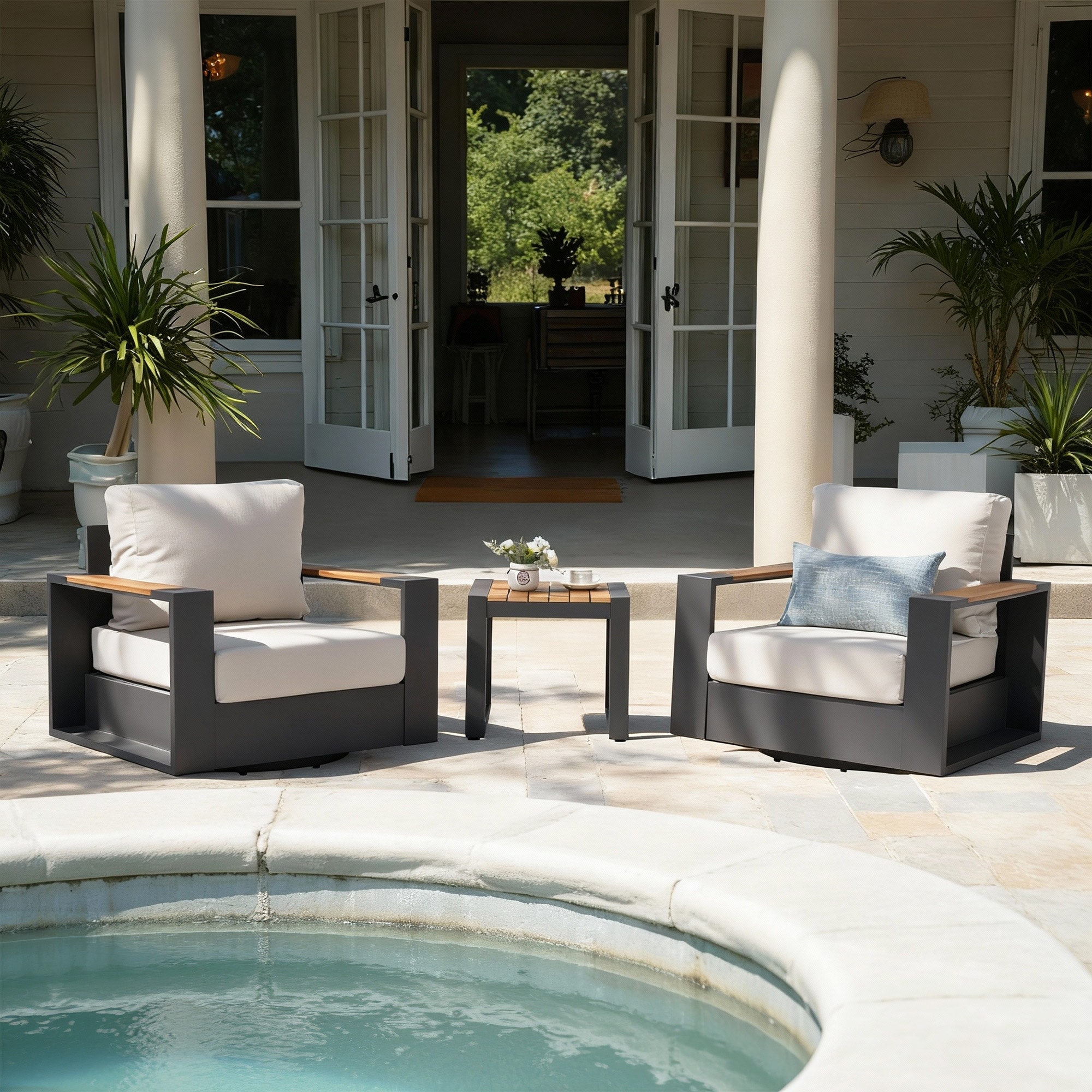 3-Piece Outdoor Aluminum Chat Set with 360-degree Swivel Patio Chairs