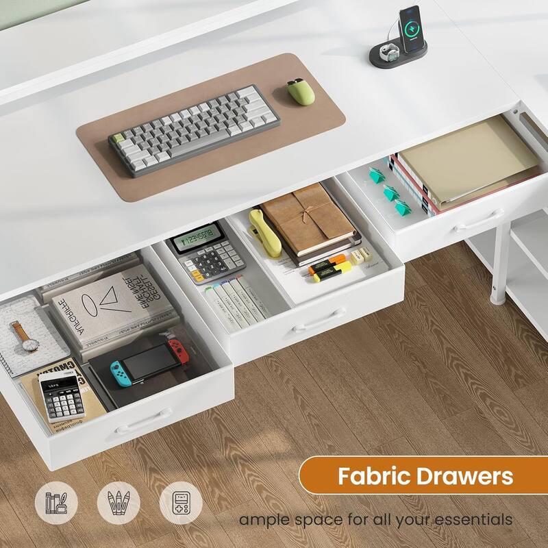 55" L Shaped Gaming Desk Corner Computer Desk Fabric Drawers