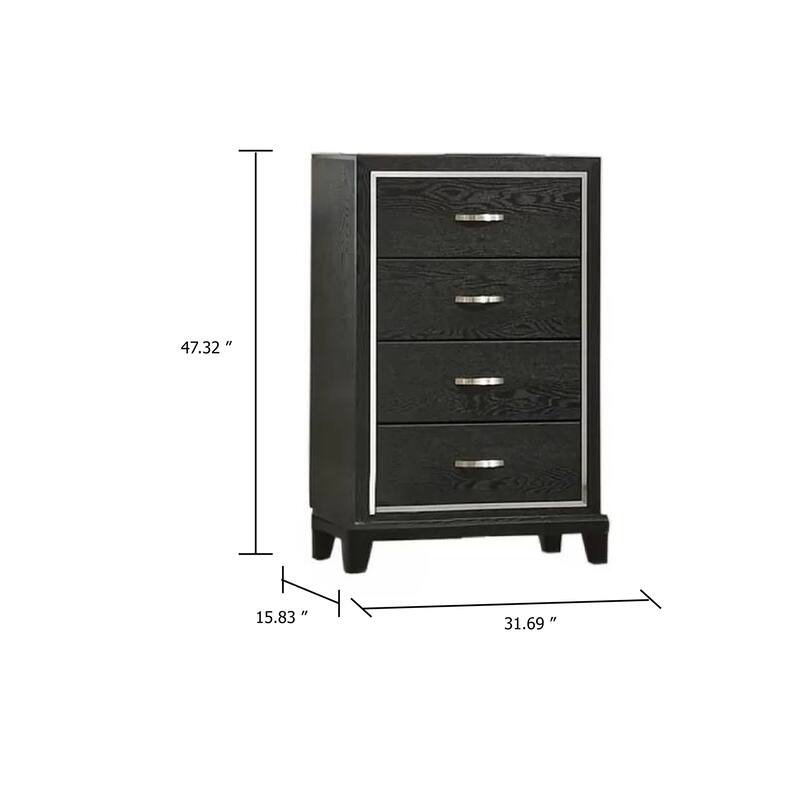 Lyla Tall Dresser Chest, Glam Silver Trim, 4 Drawer, Black Wood