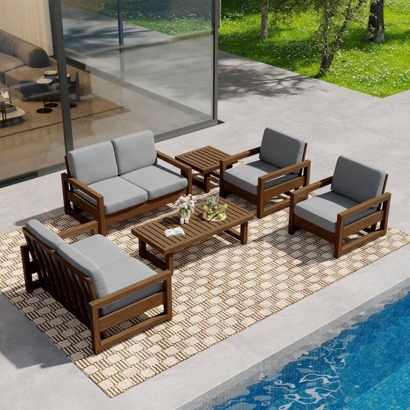 Oversize Teak Wood Loveseat Armchair Outdoor Patio Conversation Set with Cushion