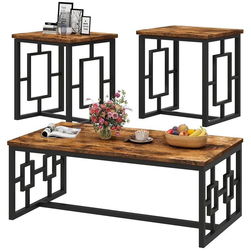 Mieres Industrial Style 3-Piece Coffee Table Set for Living Room - Brown