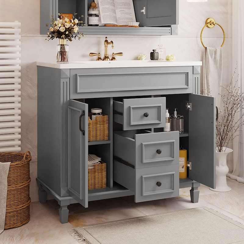 36'' Bathroom Vanity with Top Sink, Modern Bathroom Storage Cabinet w/ 2 Soft Closing Doors & 2 Drawers, Single Bathroom Vanity