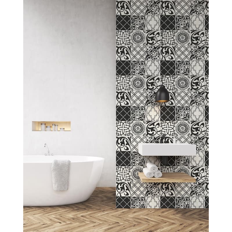 NextWall Black and White Graphic Tile Peel and Stick Wallpaper - 20.5 in. W x 18 ft. L