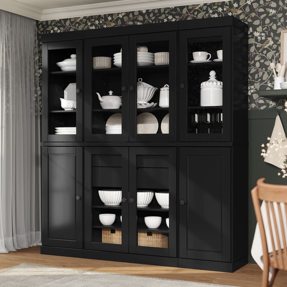 100% Solid Wood Tall Kitchen Pantry Cabinet with Glass Doors & 2 Drawers, Adjustable Shelves, Modular Storage, 65" W x 71.5" H