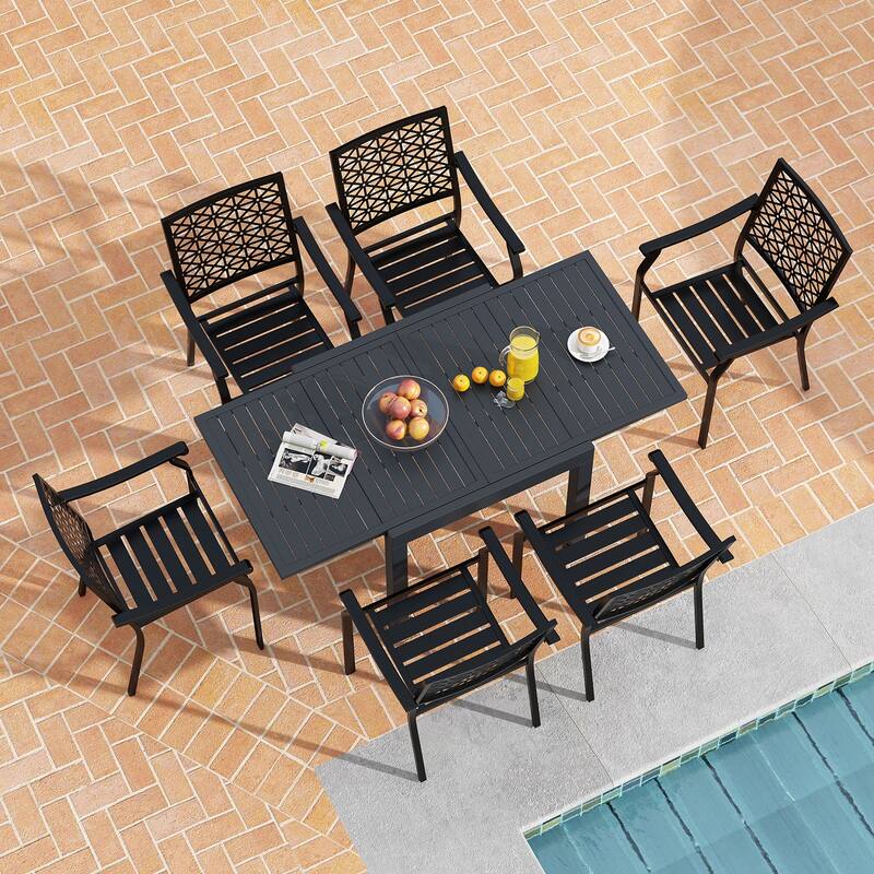 Gymax 7PCS Expandable Outdoor Dining Set w/Slatted Tabletop & Seats