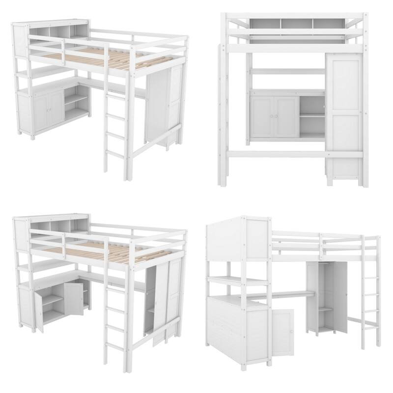 Full Size Wood Loft Bed with Cabinet and Bookshelf,Wardrobe and Desk