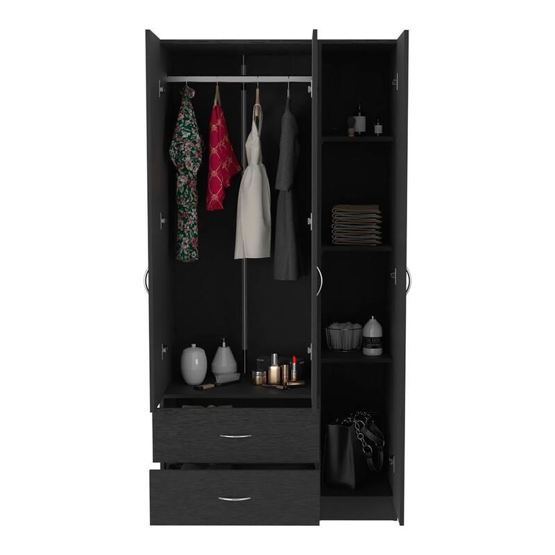 Three Door Armoire , Bedroom,Double Door Cabinet with Clothing Rod included, Black