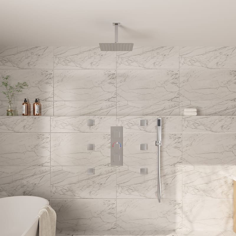 Thermostatic 3-Spray 12 in. Ceiling Mount Shower System with Handheld Shower Head and 6 Body Jets - 12" x 12"
