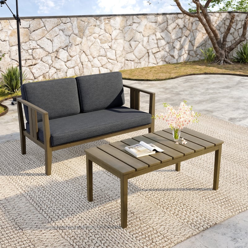 Teak Wood Water Resistant Outdoor Loveseat and Coffee Table Set (Set of 2)