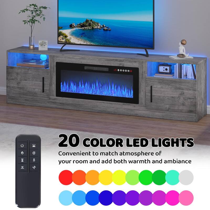 BOSSIN 80" Modern Electric Fireplace TV Stand with 20-Color LED Lights, Fits Up to 90" TV, Adjustable Shelves & Storage Cabinets