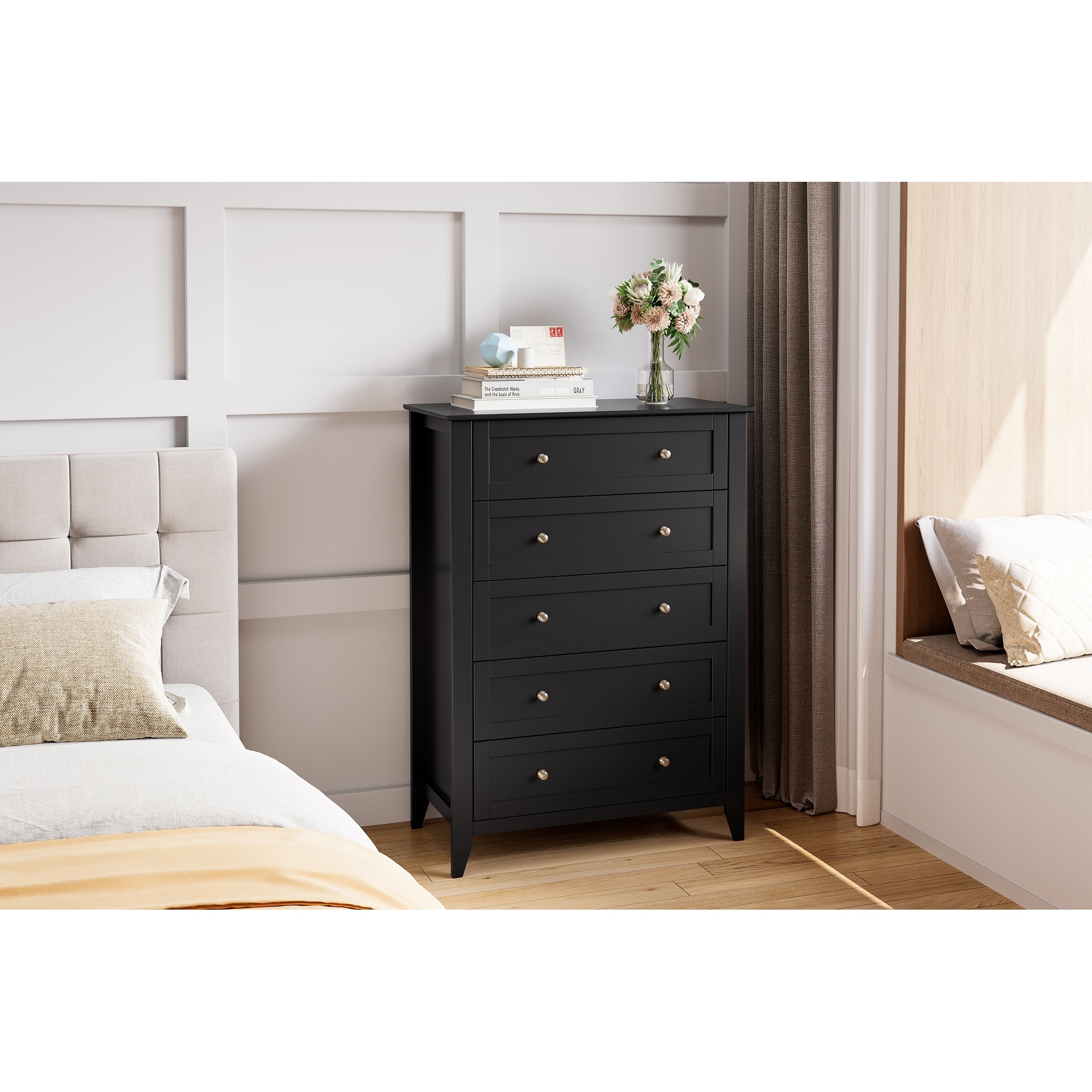 5 Drawer Wood Dresser, Modern Chest of Drawers for Bedroom, Side Table for Living Room, Hallway, Entryway